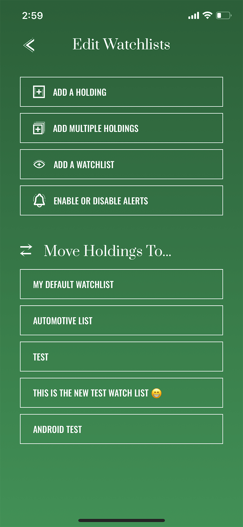 MarketBeat App Screenshot - Edit Watchlists