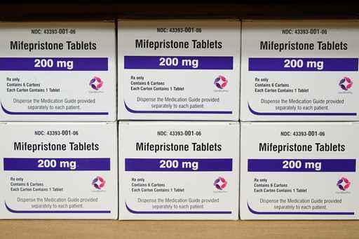 Boxes of the drug mifepristone sit on a shelf at the West Alabama Women's Center in Tuscaloosa, Ala…