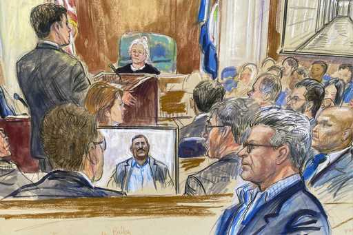 This artist sketch depicts Salah Al-Ejaili, foreground right with glasses, a former Al-Jazeera jour…