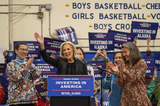 First lady Jill Biden addresses a crowd at Bethel Regional High School in Bethel, Alaska on Wednesd…