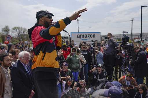 Chris Smalls, president of the Amazon Labor Union, speaks at a rally outside an Amazon warehouse on…