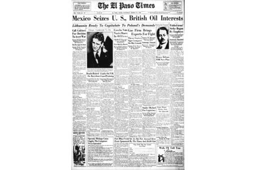 This image shows the front page of the March 19, 1938, edition of The El Paso Times with an AP stor…