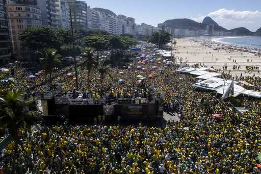 Brazil's former President Jair Bolsonaro speaks during a demonstration calling for freedom of expre…