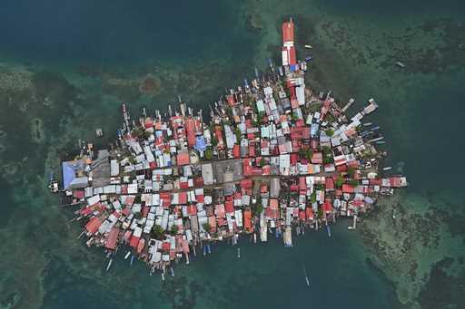 Buildings cover Gardi Sugdub Island, part of San Blas archipelago off Panama's Caribbean coast, Sat…