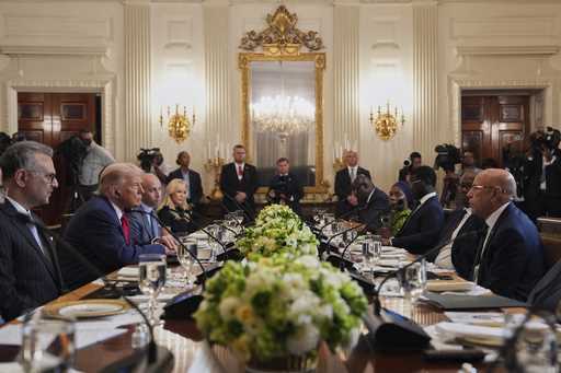 President Donald Trump speaks during a lunch with African leaders including Senegalese President Ba…