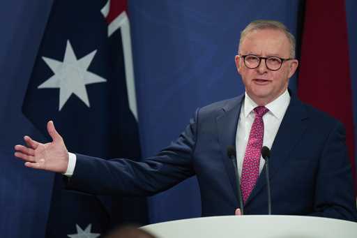 Australian Prime Minister Anthony Albanese gestures during a press conference in Sydney, Australia,…