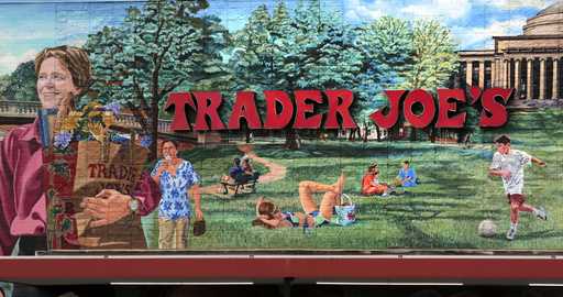 The Trader Joe's logo hangs on a mural, August 13, 2019, in Cambridge, Mass