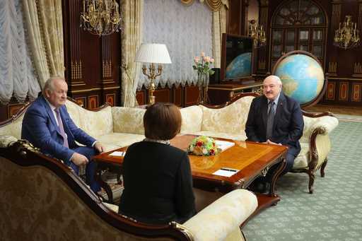 In this handout photo released by Belarusian Presidential Press Office, Belarusian President Alexan…