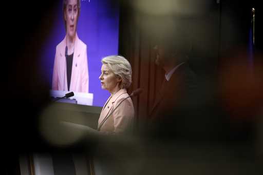 European Commission President Ursula von der Leyen addresses a media conference at an EU Summit in …