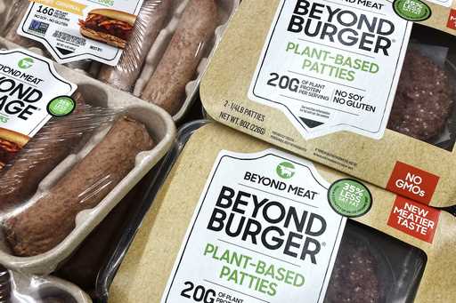 Beyond Meat products are seen in a refrigerated case inside a grocery store in Mount Prospect, Ill
