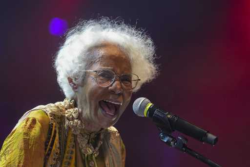 Brazilian singer Catia de Franca, 77, performs at a warehouse converted into a venue for independen…