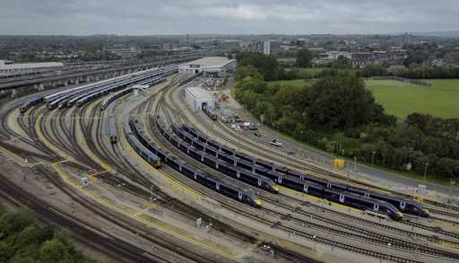 Southeastern trains in sidings at Ashford International railway station in Kent, Britain, as member…