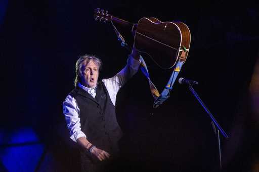 Paul McCartney performs at Glastonbury Festival in Worthy Farm, Somerset, England, Saturday, June 2…