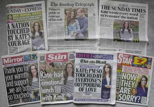 A montage of the front pages of some of Britain's Sunday newspapers pictured in London, Sunday, Mar…