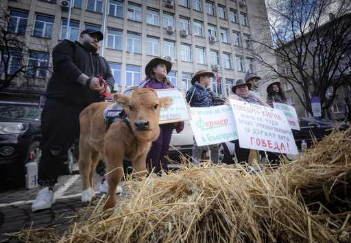 Bulgarian farmers family hold posters reading: 