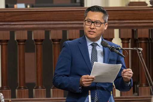 FILE – Republican Assemblymember Vince Fong speaks on the floor of the California Assembly on Thurs…
