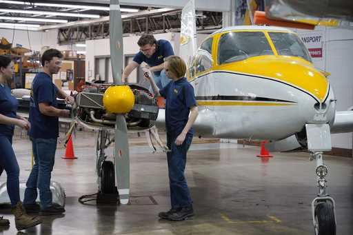 Students at the Pittsburgh Institute of Aeronautics from left: Nikki Reed, William Onderdonk, Jeffr…