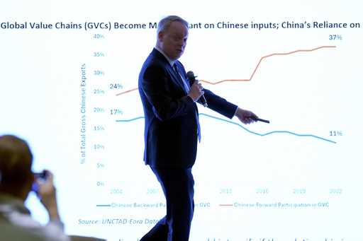 President of the European Union Chamber of Commerce in China Jens Eskelund speaks during a press co…