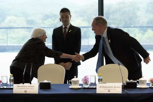 Treasury Secretary Janet Yellen, left, shakes hands with Jens Eskelund, president of the European U…