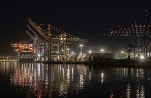 A ship is docked at the Port of Los Angeles on November 21, 2022