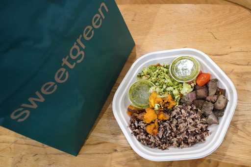 Sweetgreen's new caramelized garlic steak bowl sits on the table on Thursday, May 9, 2024, in New Y…