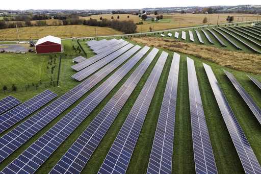 Farmland is seen with solar panels from Cypress Creek Renewables, October 28, 2021, in Thurmont, Md…