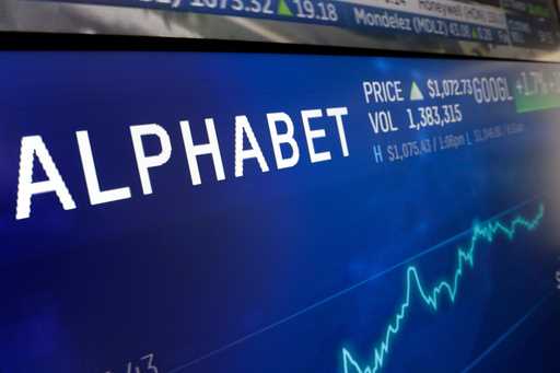 In this February 14, 2018, file photo the logo for Alphabet appears on a screen at the Nasdaq Marke…