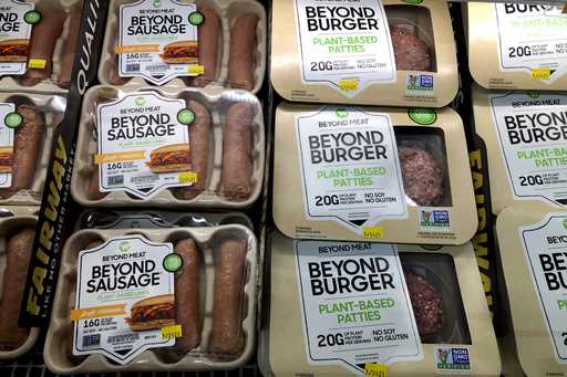Packages of Beyond Meat's Beyond Burgers and Beyond Sausage, are shown in this photo, in New York, …