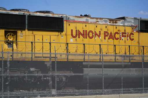 A Union Pacific train engine sits in a rail yard on Wednesday, Sept
