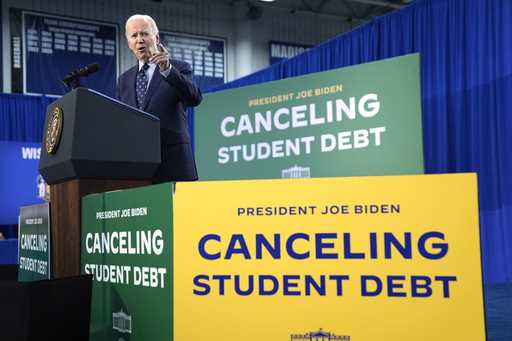 President Joe Biden delivers remarks on student loan debt at Madison College, Monday, April 8, 2024…