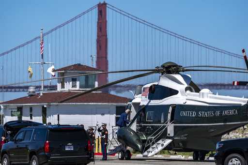 President Joe Biden boards as departs on Marine One at Marina Green parking lot with the Golden Gat…