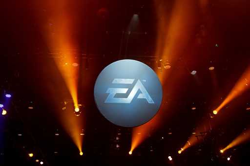 The logo for Electronic Arts is displayed during the Electronic Entertainment Expo in Los Angeles o…