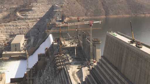 This grab taken from video shows Grand Ethiopian Renaissance Dam in the Benishangul-Gumuz region, E…