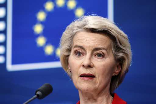 European Commission President Ursula von der Leyen addresses a media conference at an EU summit in …