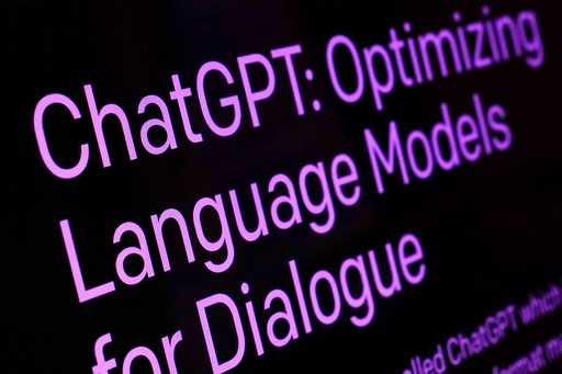 Text from the ChatGPT page of the OpenAI website is shown in this photo, in New York, February 2, 2…