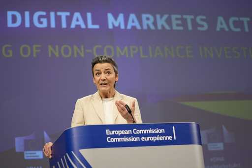 European Commissioner for Europe fit for the Digital Age Margrethe Vestager speaks during a media c…