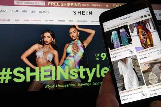 Pages from the Shein website, left, and from the Temu site, right, are shown in this photo, in New …