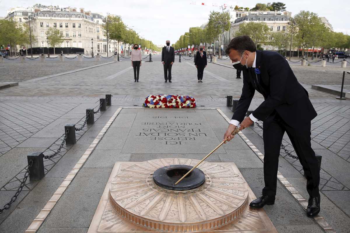 Ceremony to mark the end of World War II at the Arc de Triomphe in Paris