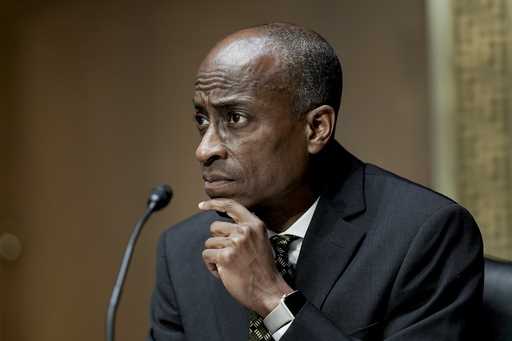 Philip Jefferson, then-nominee to be a member of the Federal Reserve Board of Governors, listens du…