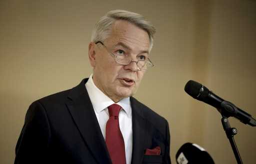 Finnish Foreign Minister Pekka Haavisto speaks during the press conference in Helsinki, Thursday, J…