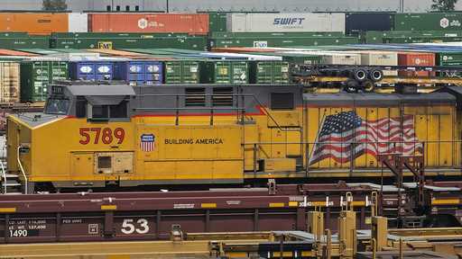 A train sits at the Union Pacific LATC Intermodal Terminal on April 25, 2023, in Los Angeles