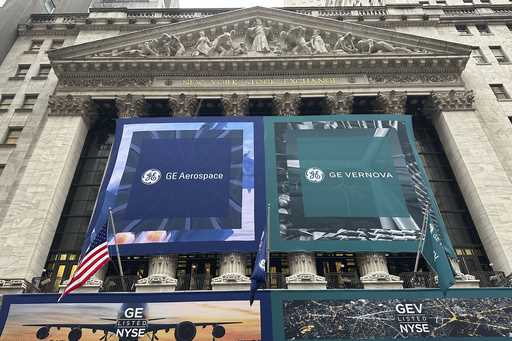 General Electric banners hangs on the facade of New York Stock Exchange Tuesday, April 2, 2024 in N…
