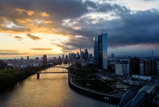 The European Central Bank is pictured near the river Main in Frankfurt, Germany, after sunset on Su…