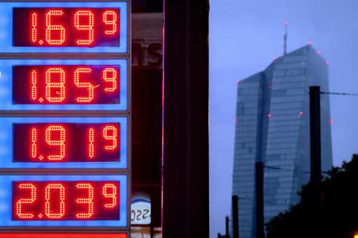 Gas prices are displayed at a gas station in Frankfurt, Germany, Friday, July 28, 2023