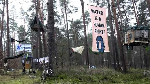 Activists occupy an area in the forest in Groenheide, Germany, Friday March 1, 2024