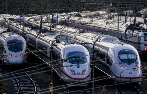 ICE trains are parked near the central train station in Frankfurt, Germany, Monday, March 27, 2023
