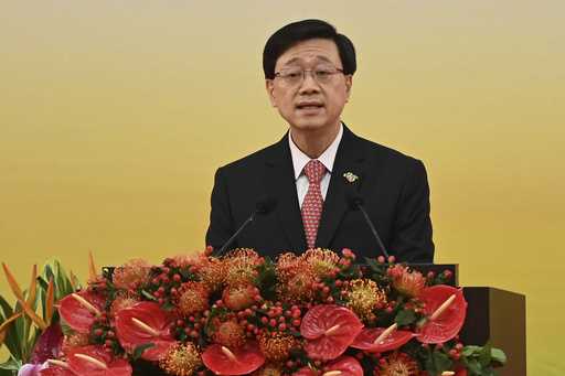 FILE- Hong Kong's Chief Executive John Lee gives a speech following a swearing-in ceremony to inaug…