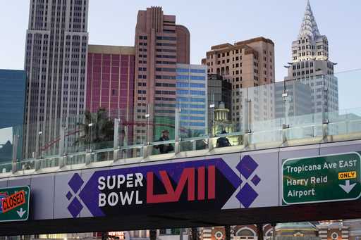 A sign for Super Bowl 58 adorns a pedestrian walkway across the Las Vegas Strip ahead of the Super …