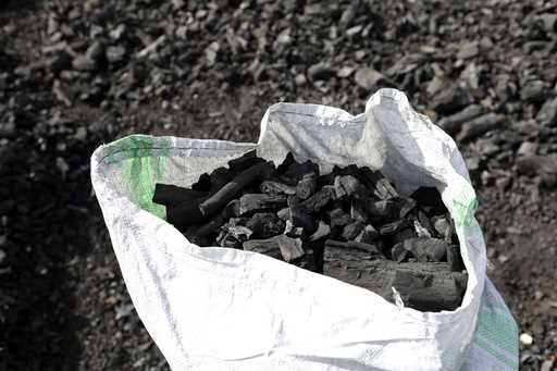 A sack of charcoal is filled in Gulu, Uganda on May 27, 2023. (AP Photo/Hajarah Nalwadda, File)