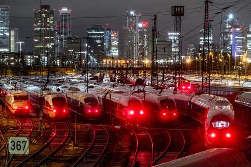 File - Trains are parked outside the central station in Frankfurt, Germany on January 24, 2024 duri…